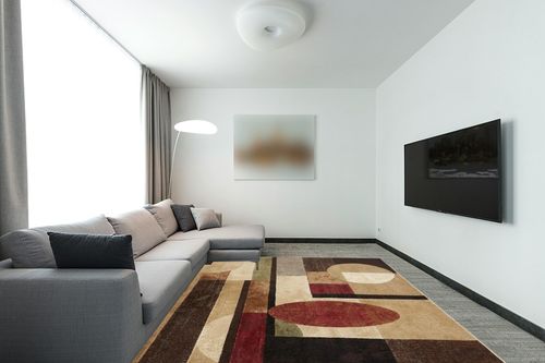Home Dynamix Tribeca Jasmine Modern Area Rug, Abstract Brown/Green 7'10"x10'6" in Modern Living Room with Grey Couch