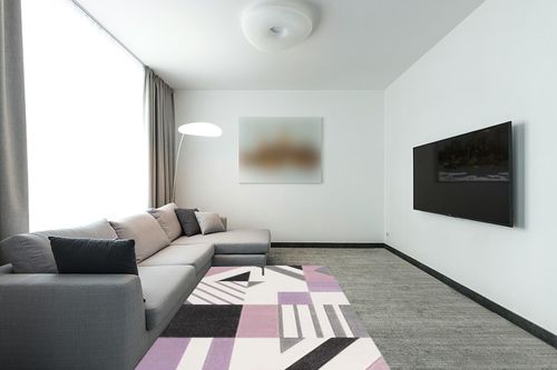 SAFAVIEH Hollywood Collection Area Rug - 5'3" x 7'6", Ivory & Purple, Mid-Century Modern Design, Non-Shedding & Easy Care, Ideal for High Traffic Areas in Living Room, Bedroom, Dining (HLW709D-5) in Modern Living Room with Grey Couch