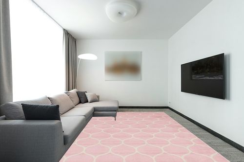 Unique Loom Trellis Frieze Collection Area Rug - Rounded (9' x 12' 2", Light Pink/ Ivory) in Modern Living Room with Grey Couch