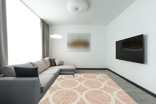 Gap Home Geometric Striped Indoor Area Rug, Blush, 8' x 10' in Modern Living Room with Grey Couch