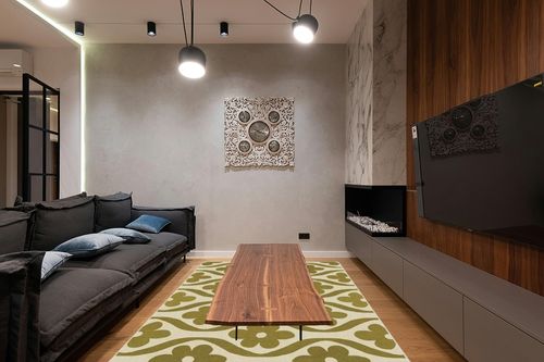 6'x9' | Machine Washable Area Rug | Kid & Pet Friendly | Indoor Rug | Evie ... in Dark Wood Living Room with Black Couch