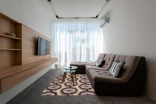 SAFAVIEH Four Seasons Collection 5' x 8' Beige / Purple FRS486B Hand-Hooked Area Rug in Grey Living Room with Brown Couch