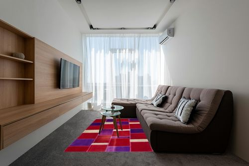 BESPOKY 5'3" x 7'7" (160x230 Cm) Teselya Pink Patchwork Wool Handmade Area Rug in Grey Living Room with Brown Couch