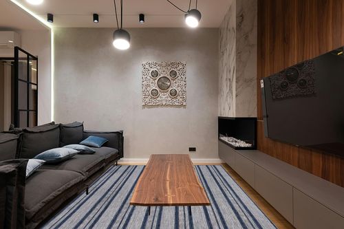Rugs USA x Lauren Liess Gazania Striped Indoor/Outdoor Area Rug, 8' x 10', Blue in Dark Wood Living Room with Black Couch
