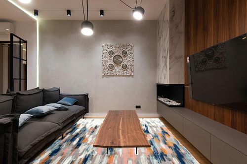 Abani Rugs Orange & Blue Contemporary Abstract Area Rug Contemporary Style, Porto Collection | Turkish Made Superior Comfort & Construction | Stain Shedding Resistant, 7'9" x 10'2" Rectangle in Dark Wood Living Room with Black Couch
