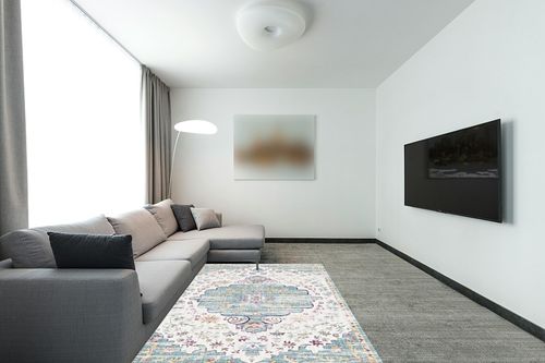 Pajata Light Blue and White Vintage 5X7 Area Rug in Modern Living Room with Grey Couch