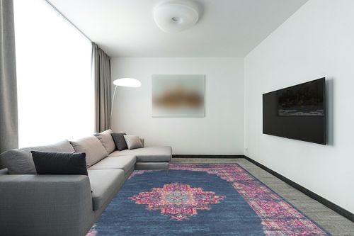 Nourison Passion Blue 9' x 12' Area -Rug, Boho, Traditional, Easy -Cleaning, Non Shedding, Bed Room, Living Room, Hallway (9x12) in Modern Living Room with Grey Couch