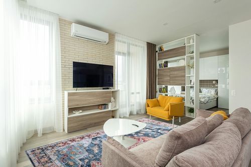 HOMBYS 8x10 Vintage Area Rug for Living Room Bedroom, Large Boho Floor Carpet with Non-Slip Backing for Indoor Office Dining Room, Traditional Home Deco Non-Shedding, Blue, Machine Washable in Light Modern Living Room with TV