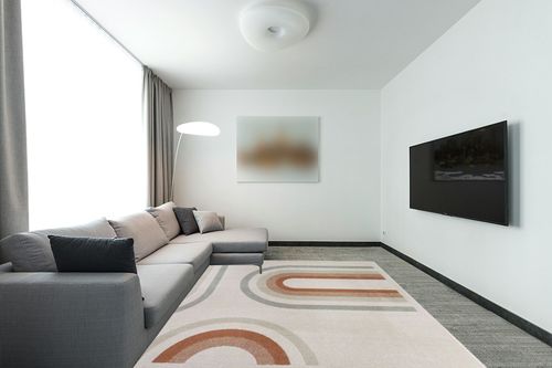 BALTA Rugs Ana Kids Rainbow Rug - Design ID: 32316-262; Size: 7'10" x 10' in Modern Living Room with Grey Couch