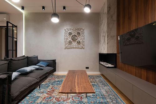 Area Rugs for Living Room: 9x12 Rug for Bedroom Machine Washable with Non Slip Backing Non Shedding, Boho Medallion Floral Large Carpet for Dining Room Nursery Home Office Blue/Red in Dark Wood Living Room with Black Couch