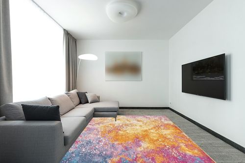 Nourison Passion Bohemian Abstract Sunburst Area Rug, (8' x 10') in Modern Living Room with Grey Couch