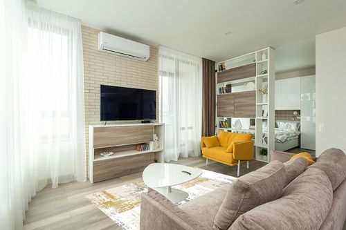 OIGAE Machine Washable Rug 5x7 - Low-Pile Area Rug Non-Shedding Foldable Abstract Modern Rugs, Stain Resistant Anti Slip Backing Rugs for Living Room&Bedroom&Dining Carpet Room Decor, Yellow in Light Modern Living Room with TV