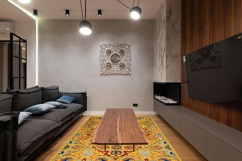 Nourison Allur Traditional Yellow/Multi 6' x 9' Area-Rug, Easy-Cleaning, Non Shedding, Bed Room, Living Room, Dining Room, Kitchen (6x9) in Dark Wood Living Room with Black Couch