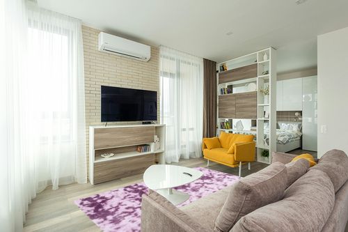 SAFAVIEH Rainbow Shag Collection Area Rug - 5' x 7'6", Purple, Slip Resistant, 1.6-inch Thick, Ideal for The Living Room, Bedroom, Dining Room (RBO100V-5) in Light Modern Living Room with TV