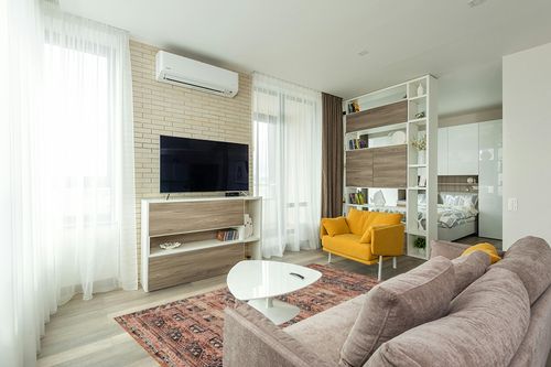 Loloi II Layla Collection LAY-14 Mocha/Blush, Traditional 5'-0" x 7'-6" Area Rug in Light Modern Living Room with TV