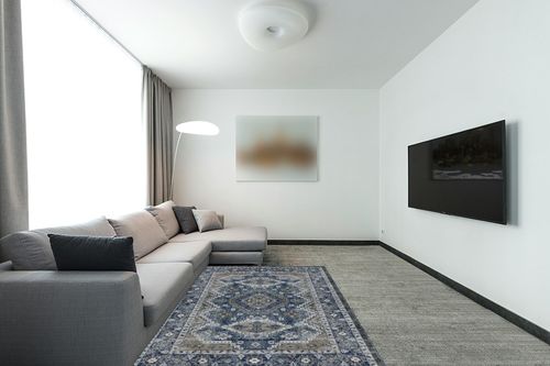 Rugland 3x5 Rug - Stain Resistant Washable Rug, Anti Slip Backing Rugs for Living Room, Vintage Tribal Area Rugs (TPR07-Navy, 3'x5') in Modern Living Room with Grey Couch