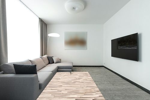 eCarpet Gallery Hand-Knotted | Area Rug for Living Room, Bedroom | Cowhide Patchwork Accent Grey Rug 5'3" x 7'6" | 350179 in Modern Living Room with Grey Couch