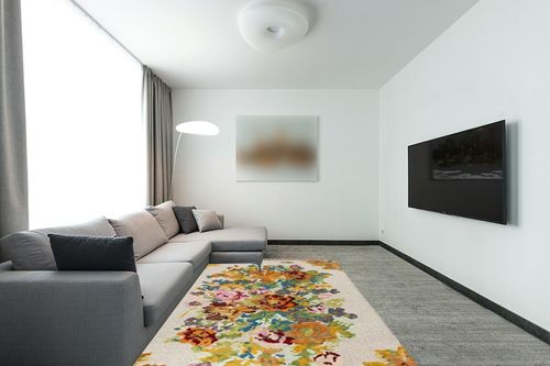 SAFAVIEH Kenya Collection Area Rug - 6' x 9', Orange & Light Grey, Hand-Knotted Floral Tassel Wool, Ideal for High Traffic Areas in Living Room, Bedroom (KNY801W) in Modern Living Room with Grey Couch