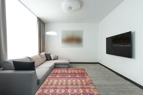 Loloi II Layla Collection LAY-15 Magenta/Multi, Traditional 5'-0" x 7'-6" Area Rug in Modern Living Room with Grey Couch
