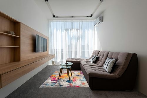 ‎Multi ‎Contemporary ‎Non Slip, Washable ‎Kitchen Rug in Grey Living Room with Brown Couch