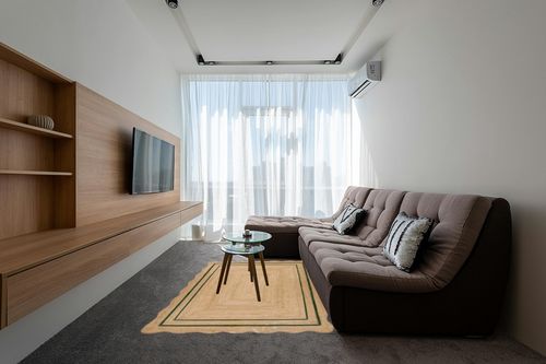 Rajputana Rugs Natural Jute Scalloped Rug Bohemian Rug Decor Rug Handwoven Rug Custom Rug Decorative Rug (BD1) (5x8 ft-GRN) in Grey Living Room with Brown Couch