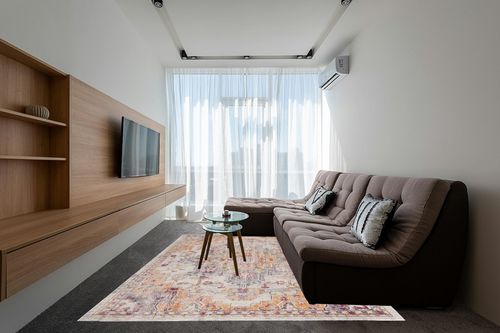 SAFAVIEH Madison Collection Area Rug - 8' x 10', Beige & Orange, Boho Chic Medallion Distressed Design, Non-Shedding & Easy Care, Ideal for High Traffic Areas in Living Room, Bedroom (MAD473E) in Grey Living Room with Brown Couch