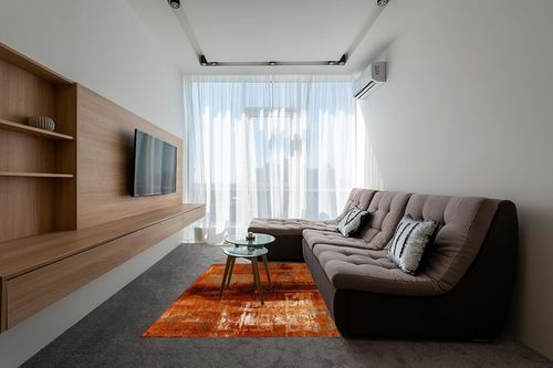 Rectangular Area Rug for Living Room, Bedroom, Burnt Orange Non-Slip Residential Carpet, Kitchen Rugs, Modern Abstract Geometric Art Oil Painted Floor Mat with Rubber Backing 5' x 8' in Grey Living Room with Brown Couch