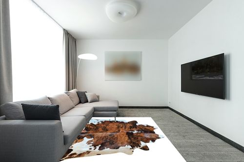 ecowhides 100% Genuine Brazilian Cowhide Rug - Brindle White Belly - Luxury Cowskin Leather Area Rug Decor, (X-Large) 7 x 6 ft in Modern Living Room with Grey Couch