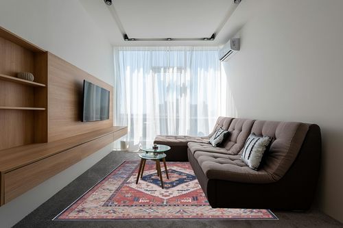 SAFAVIEH Tucson Collection Area Rug - 8' x 10', Rust & Blue, Traditional Persian Design, Non-Shedding Machine Washable & Slip Resistant Ideal for High Traffic Areas in Living Room, Bedroom (TSN153P) in Grey Living Room with Brown Couch