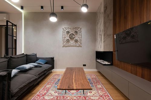 Artistic Weavers Lyyti Area Rug 5' x 7'6", 5 ft x 7 ft 6 in, Bright Red/Blue in Dark Wood Living Room with Black Couch