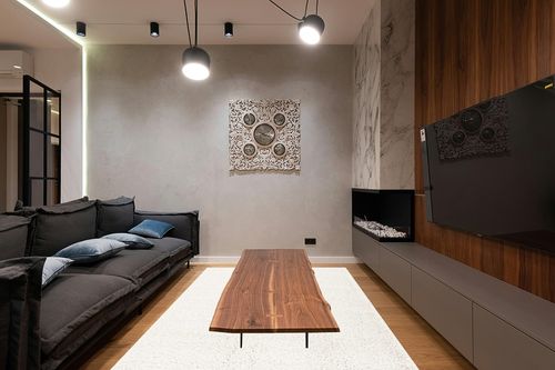 Ivory Contemporary   Area Rug in Dark Wood Living Room with Black Couch