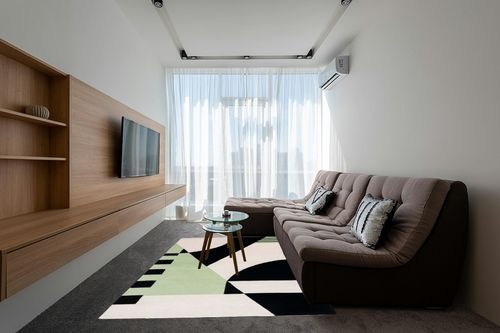 Safavieh Rodeo Drive Collection Area Rug - 6' x 9', Black & Green, Handmade Mid-Century Modern Abstract Wool, Ideal for High Traffic Areas in Living Room, Bedroom (RD863Z) in Grey Living Room with Brown Couch