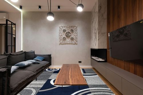 GLORY RUGS Area Rug Modern Soft Hand Carved Contemporary Floor Carpet with Premium Fluffy Texture for Indoor Living Dining Room and Bedroom Area (8x10, Navy) in Dark Wood Living Room with Black Couch