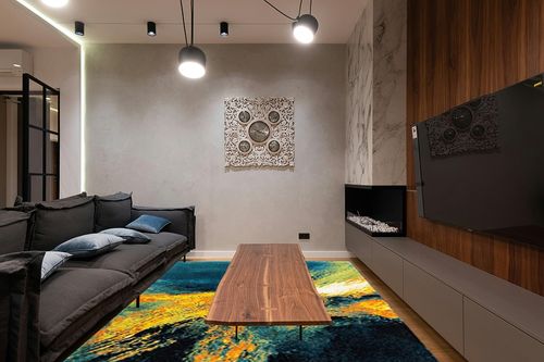 SAFAVIEH Galaxy Collection 8' x 10' Blue/Yellow GAL117L Modern Abstract Non-Shedding Living Room Dining Bedroom Area Rug in Dark Wood Living Room with Black Couch