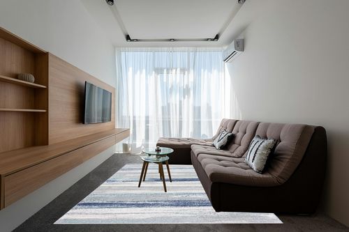 Blue Modern Stain Resistant Home Office Area Rug in Grey Living Room with Brown Couch