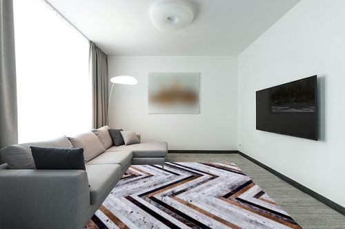 DECOMALL Coronado Washable Area Rugs 8x10, Faux Cowhide Rug, Modern Geometric Non Slip Large Carpet for Living Room Bedroom,8x10ft Multi in Modern Living Room with Grey Couch
