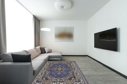 Country Blue Premium Sakarya Fade Resistant, Stain Resistant, Washable Area Rug in Modern Living Room with Grey Couch