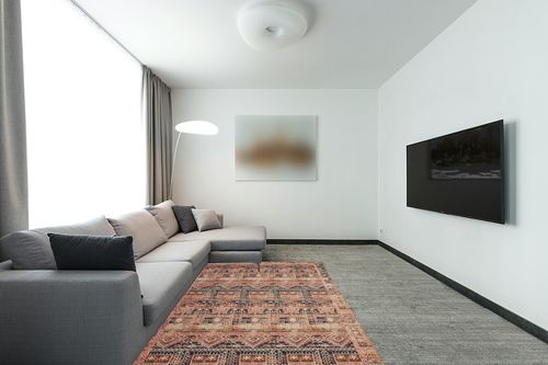 Loloi II Layla Collection LAY-14 Mocha/Blush, Traditional 5'-0" x 7'-6" Area Rug in Modern Living Room with Grey Couch