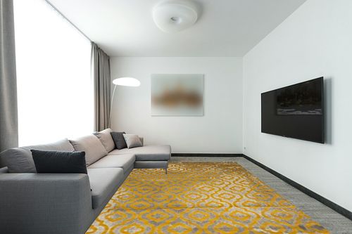 SAFAVIEH Porcello Collection Area Rug - 9' x 12', Light Grey & Yellow, Moroccan Quatrefoil Distressed Design, Non-Shedding & Easy Care, Ideal for High Traffic Areas in Living Room, Bedroom (PRL7734C) in Modern Living Room with Grey Couch