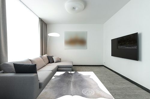Sunshine Cowhides Genuine Grey Cowhide Rug - Luxurious Cow Rug for Bedroom, Living Room, and Home Decor Enthusiasts - Masterpiece of Style and Functionality - 6x6-7ft (180x210cm) in Modern Living Room with Grey Couch