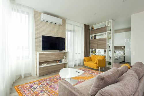 SAFAVIEH Madison Collection Area Rug - 8' x 10', Orange & Fuchsia, Boho Chic Medallion Design, Non-Shedding & Easy Care, Ideal for High Traffic Areas in Living Room, Bedroom (MAD133D) in Light Modern Living Room with TV