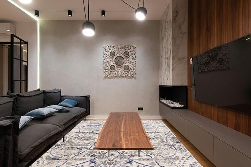 Hauteloom Erbacon Rustic Farmhouse Living Room Bedroom Dining Room Large Area Rug - Persian Style - Traditional Floral Look - Grey, Beige, Light Brown, Cream, Navy, Blue - 7'10" x 10'2" in Dark Wood Living Room with Black Couch