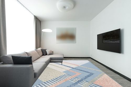 Safavieh Sarasota Collection Area Rug - 9' x 12', Blue & Light Green, Mid-Century Modern Design, Non-Shedding & Easy Care, Indoor/Outdoor & Washable-Ideal for Patio, Backyard, Mudroom (SAR102J) in Modern Living Room with Grey Couch