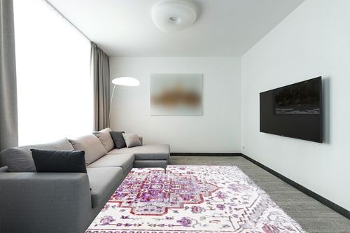 SAFAVIEH Skyler Collection 8' x 10' Ivory/Purple SKY111V Boho Medallion Distressed Non-Shedding Living Room Dining Bedroom Area Rug in Modern Living Room with Grey Couch