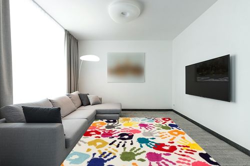 nuLOOM Pinkie Handprint Kids Area Rug, 8x10, Multi in Modern Living Room with Grey Couch
