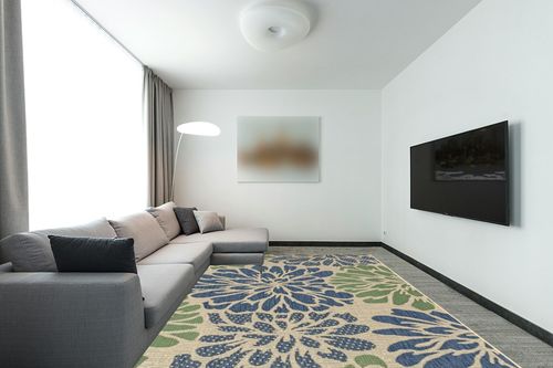 JONATHAN Y SMB110B-9 Zinnia Modern Floral Textured Weave Indoor Outdoor Area-Rug Bohemian Coastal Easy-Cleaning Bedroom Kitchen Backyard Patio Non Shedding, 9 X 12, Navy/Green in Modern Living Room with Grey Couch