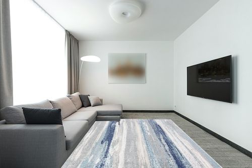Blue Modern Stain Resistant Home Office Area Rug in Modern Living Room with Grey Couch