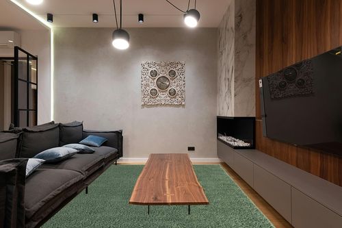 8x10 Green fluffy rug in Dark Wood Living Room with Black Couch