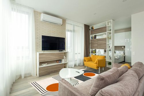 Mid-Century Modern Minimalist Circles and Lines Pattern Soft Wool Area Rug 6x9 Washable Boho Carpet for Living Room Bedroom No-Slip Thick Dining Room Rug Indoor Floorcover Mat in Light Modern Living Room with TV