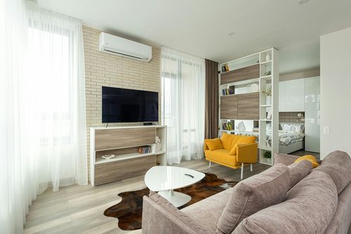 Appaloosa Cowhides Natural Cowhide Rug - Tricolor Cowhide Area Rug for Bedroom & Living Room - Luxury Cowhides Modern Accent Rug - Genuine Leather with Real Animal Fur, Medium, 5 x 7 Feet in Light Modern Living Room with TV